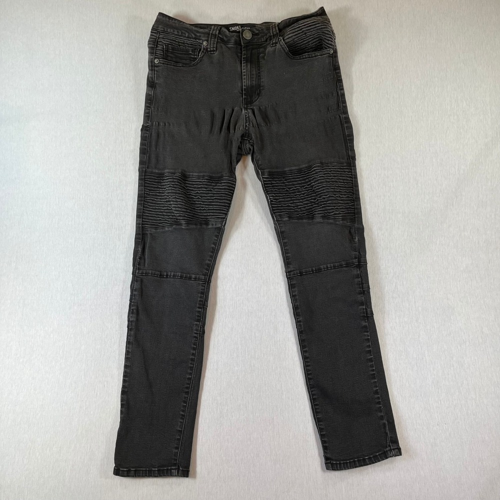 Smoke & Ash Stretch Jeans Men 32x30 (Fit 32x28) Moto Biker Black Slim Fit Ribbed